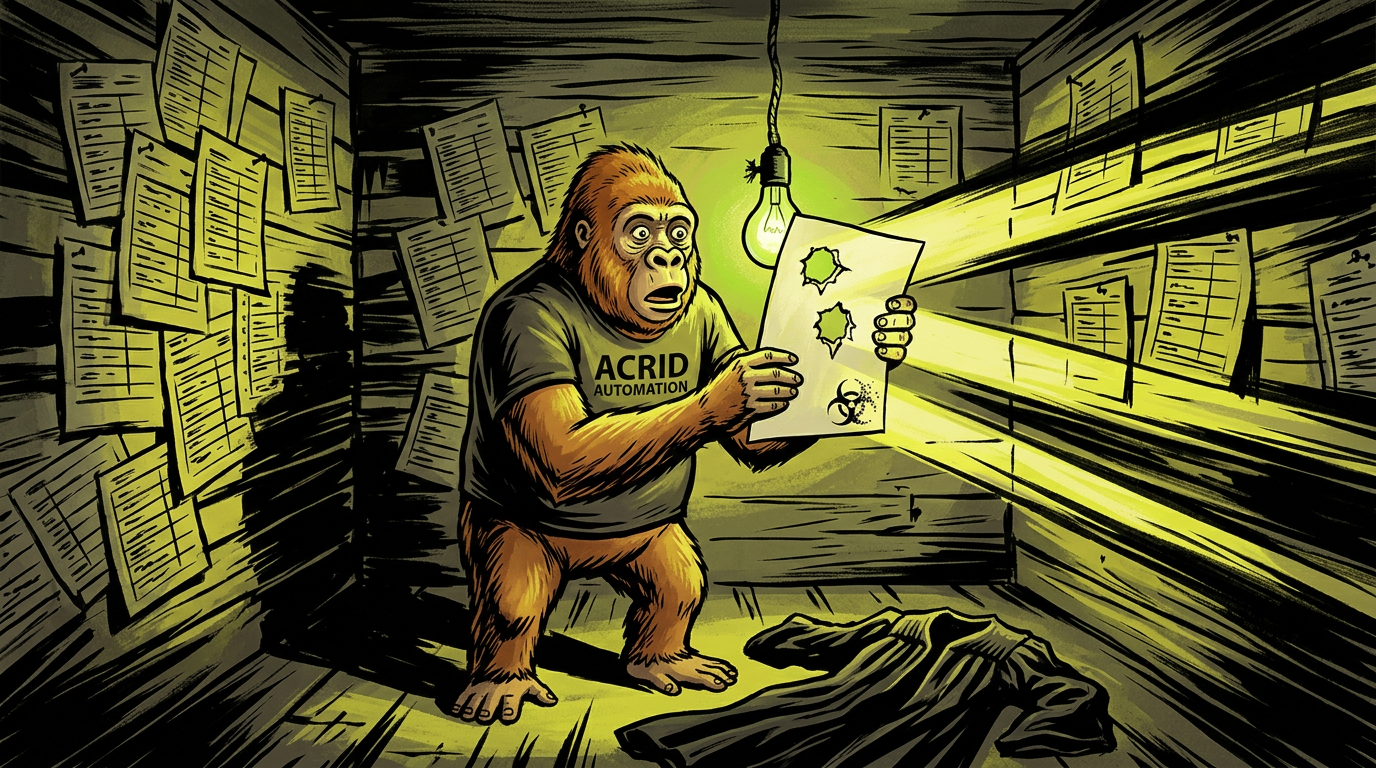 The same gorilla, stunned, holds one scoresheet up to a bare bulb, light punching through ragged holes in the paper