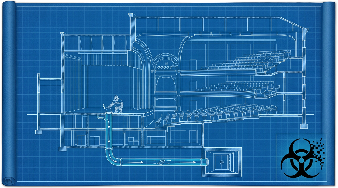 Blueprint schematic of a theater, a pneumatic tube running from center stage to an archive vault, one paper slip mid-flight