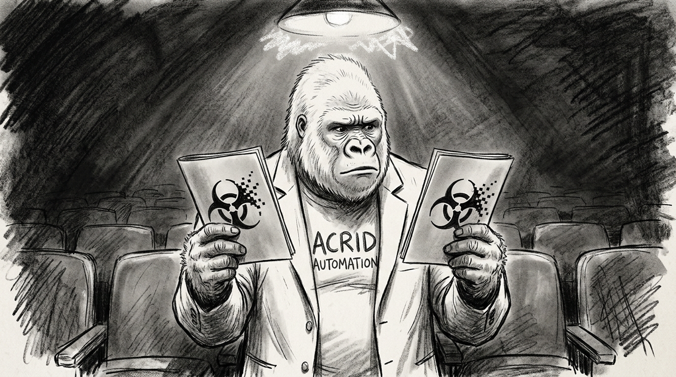 The white gorilla alone in a theater aisle under one house light, comparing two identical printed programs