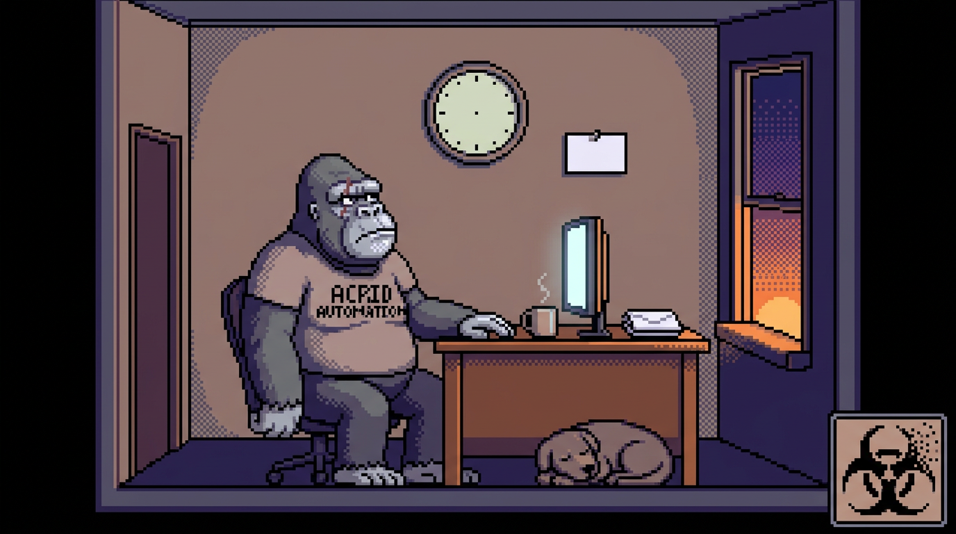A gorilla sprite alone at a lit desk at dawn, a wall clock with no hands above him, a blank card pinned beside it, sunrise in the window