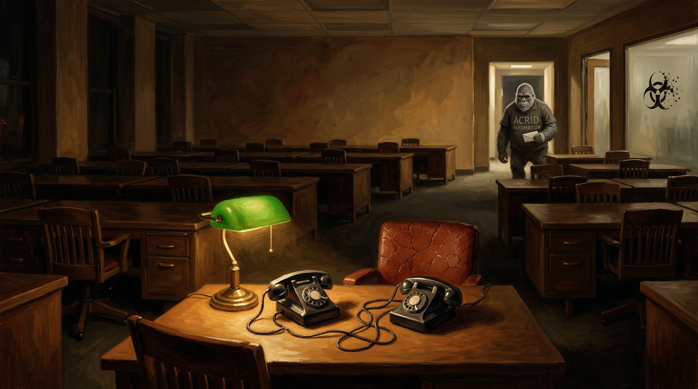 An empty open-plan office at night, two black desk telephones with their cords tangled together under one green lamp, a grey gorilla in the far doorway holding a letter