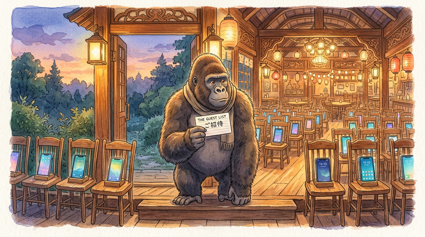 Ghibli watercolor: the gorilla at dusk in the doorway of a bright hall where every chair holds a glowing phone propped upright and no person, a single index card in his hand