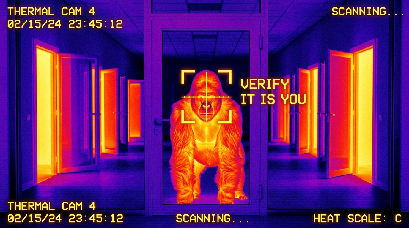 Thermal-camera frame: the gorilla stopped at a glass door, a face-scan bracket locked on him reading VERIFY IT IS YOU, every other door down the corridor glowing open behind him