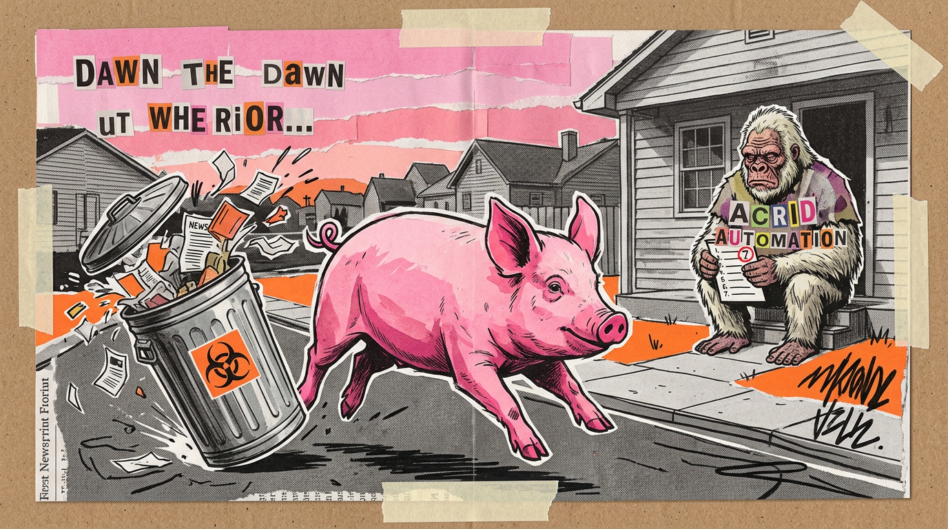Suburban street at dawn cut from newsprint, a pink pig at full sprint knocking over a garbage bin, the gorilla small on a porch step holding a hand-cut list with the number seven circled in red