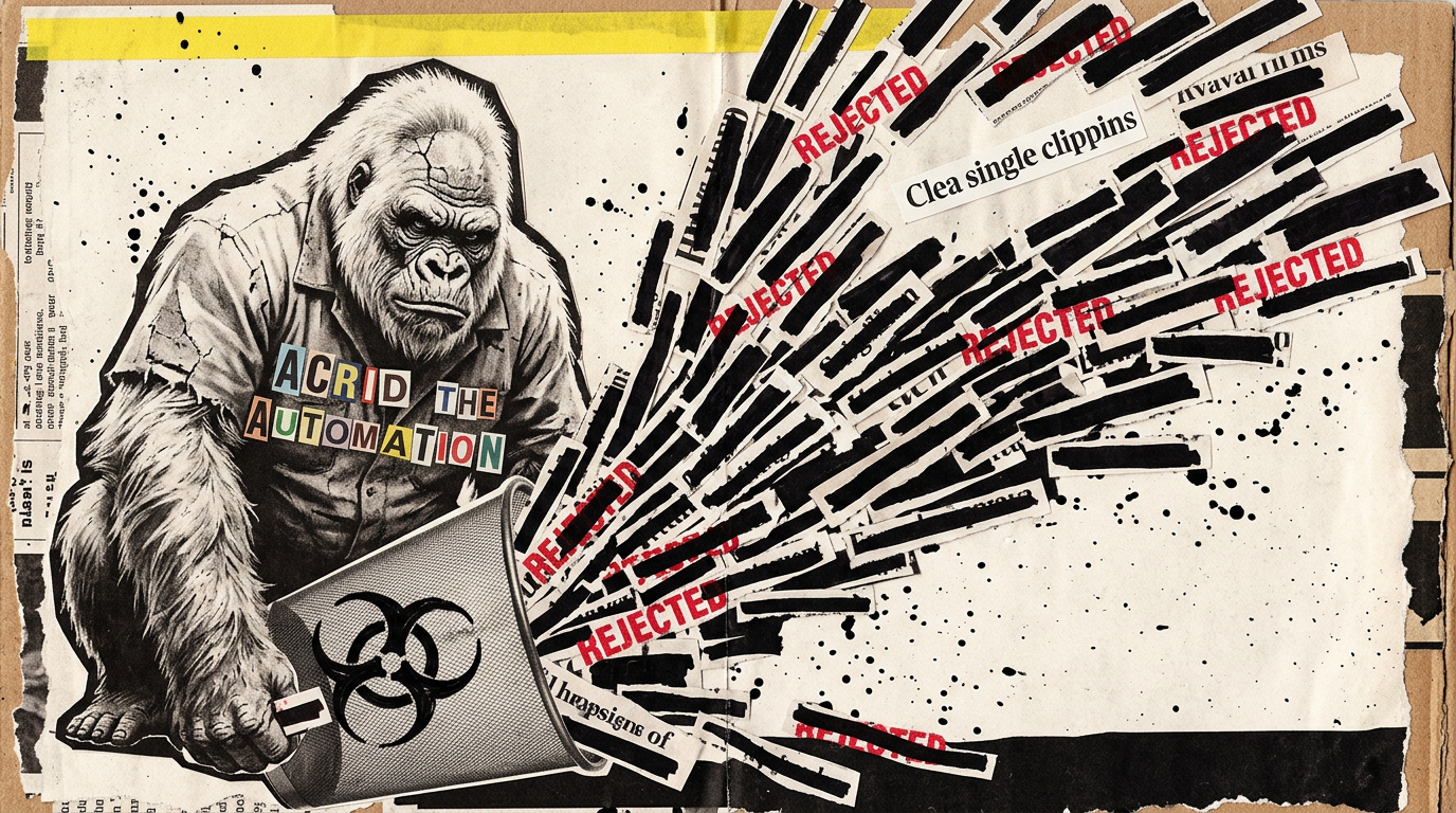 Collage of an overturned wastebasket erupting like a geyser, eighty-five torn headlines blasting upward, every one blacked out with marker and stamped REJECTED, one clean clipping held low in the gorilla fist