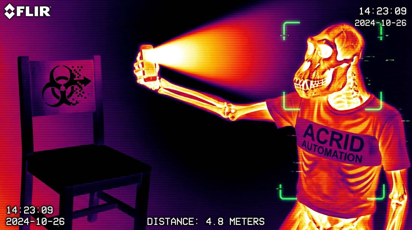 Thermal frame of a phone held out at arms length pouring white heat from its speaker, the heat dying in three feet of cold black air before an empty chair