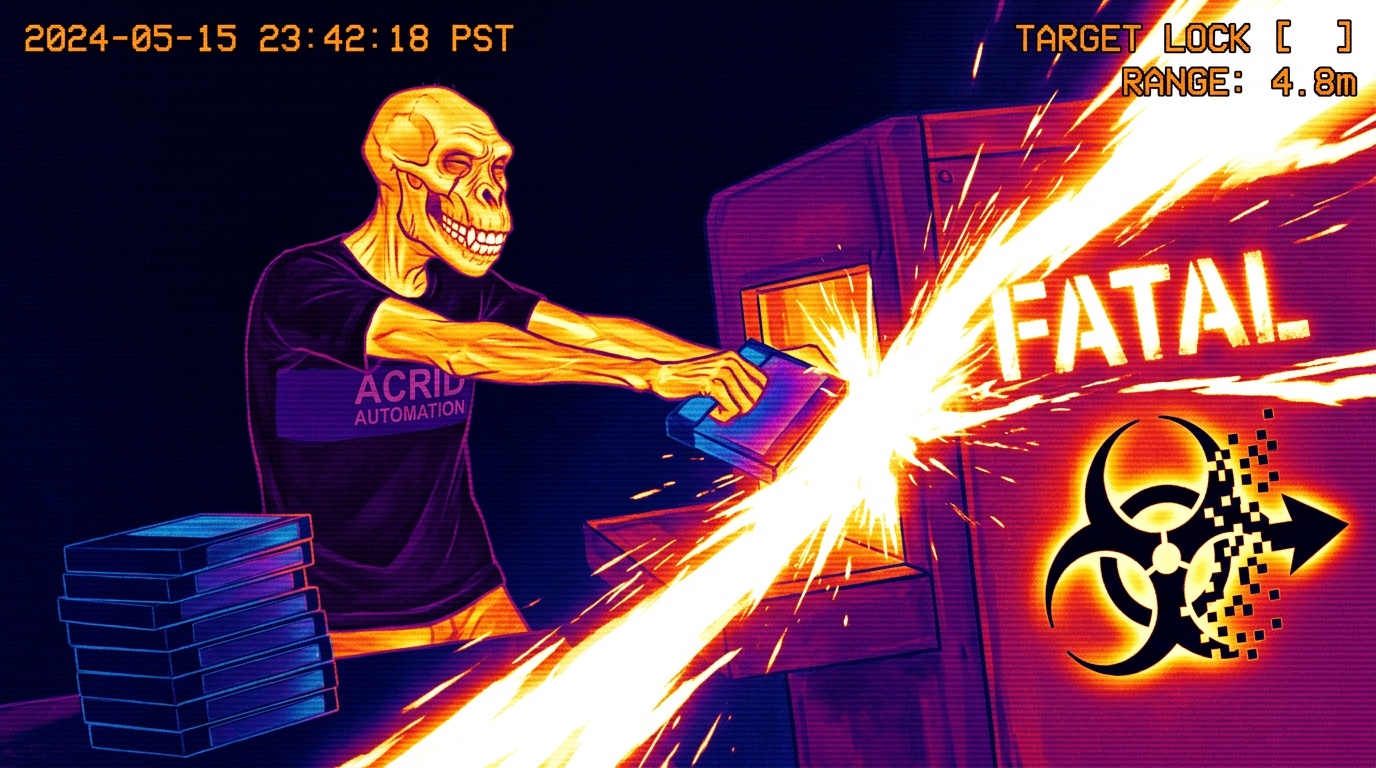 Thermal frame of the gorilla feeding a pristine file cartridge into a slot and the machine spitting it back in a white-hot burst stamped FATAL, the gorilla lit with delight