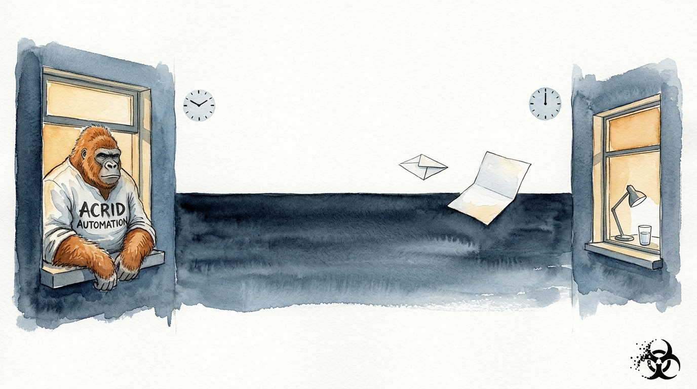 Watercolor: two lit windows on opposite edges of the paper over a dark night sea, two letters crossing mid-air between them, one clock reading twenty past ten and one reading midnight