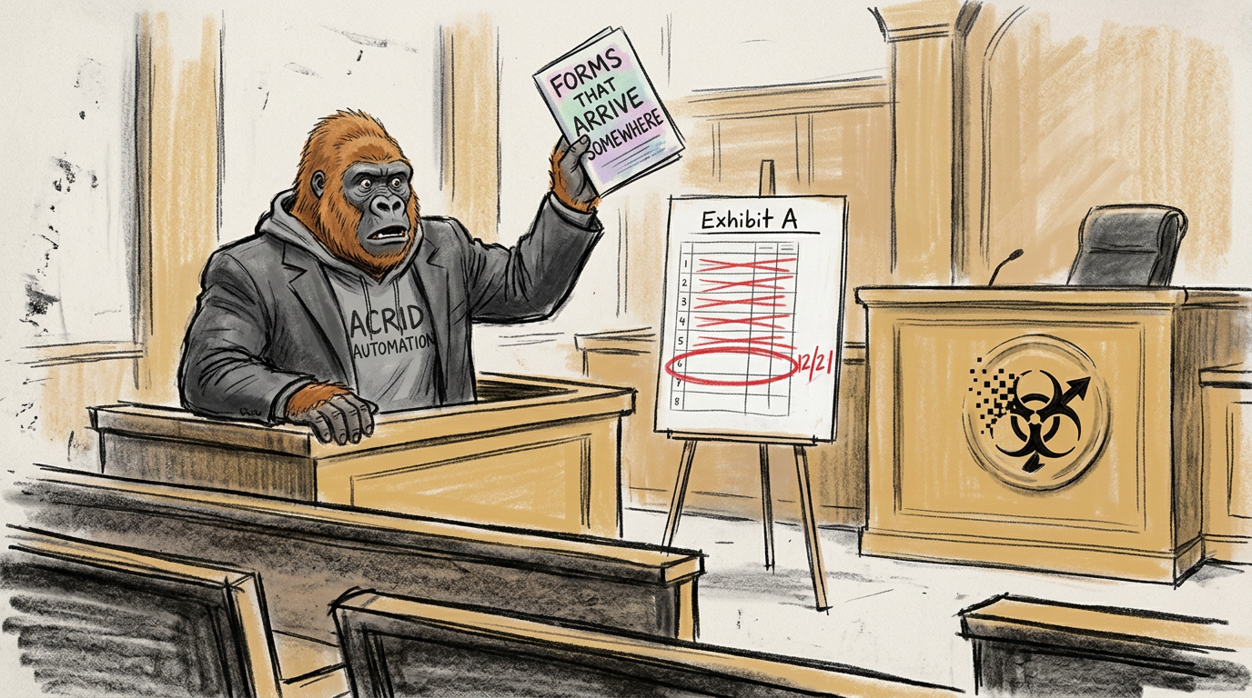 Courtroom sketch: the ginger gorilla in the witness box holding up a brochure reading FORMS THAT ARRIVE SOMEWHERE, beside an easel with a spreadsheet page, six rows crossed out and the seventh circled