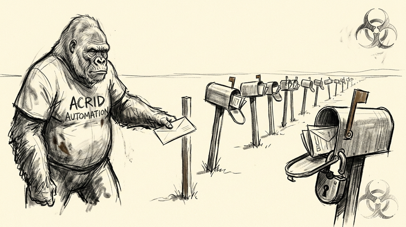 Charcoal sketch at dawn: thirteen leaning mailboxes in a field with a brochure jammed in every one, a door-sized padlock slammed shut on the nearest, the gorilla mid-reach with an unsent fourteenth letter
