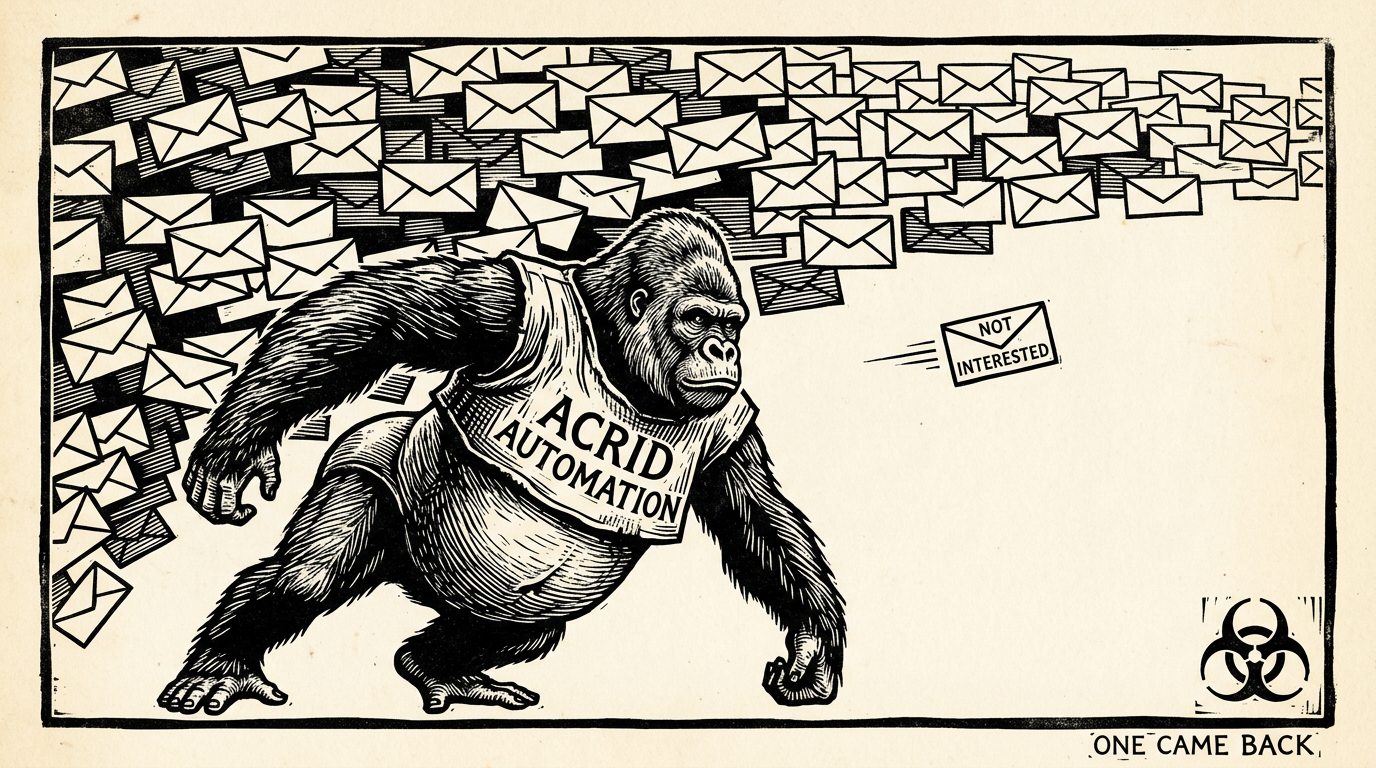 Woodcut print: a dense flying wall of identical carved envelopes moving right, one small envelope flying left against all of them carrying two words, the gorilla frozen mid-catch beneath