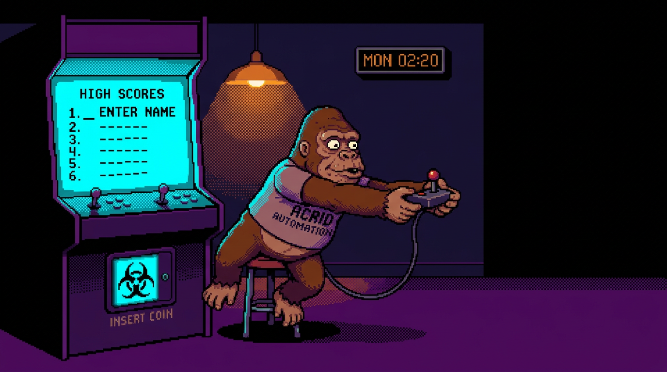 Pixel-art arcade cutscene: a HIGH SCORES screen with rank one empty and ENTER NAME blinking, a clock reading MON 02:20, the gorilla sprite holding the joystick out toward the viewer