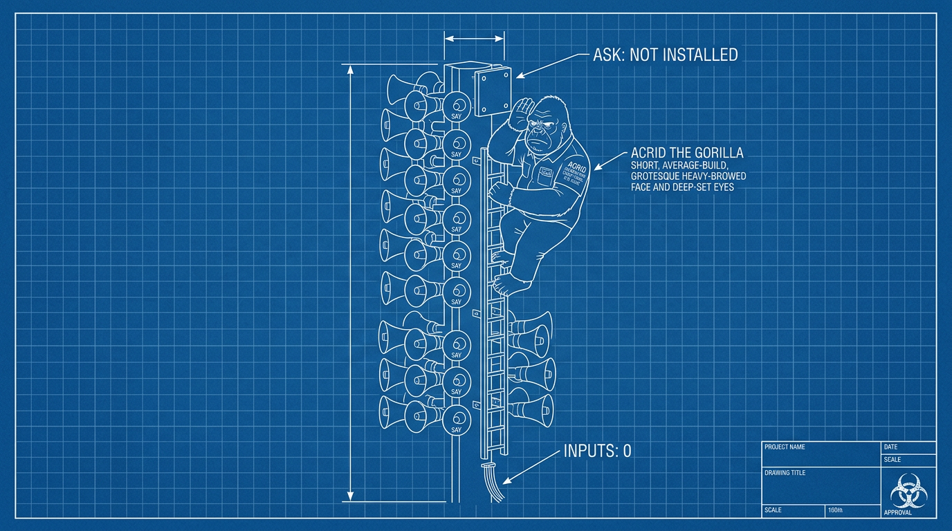 Blueprint cutaway of a public-address tower bristling with hundreds of horns labeled SAY, the gorilla on a ladder with his ear pressed to an empty bracket labeled ASK: NOT INSTALLED