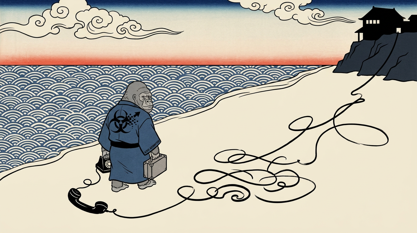 Ukiyo-e woodblock print: flat indigo waves, a long pale shoreline, the small grey gorilla in a yukata walking away up the beach with a suitcase, one continuous calligraphic telephone cord running from a dark cliff-top building down the whole length of the sand to the handset in his hand