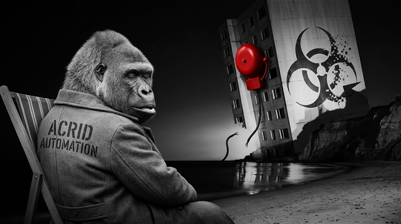 Black-and-white night scene with one red accent: the grey gorilla asleep in a striped deckchair on a beach in an ACRID AUTOMATION coat, a leaning dark apartment block behind him across black water, a giant red fire-alarm bell on its wall with the wire cut and the two frayed ends hanging apart, every window dark