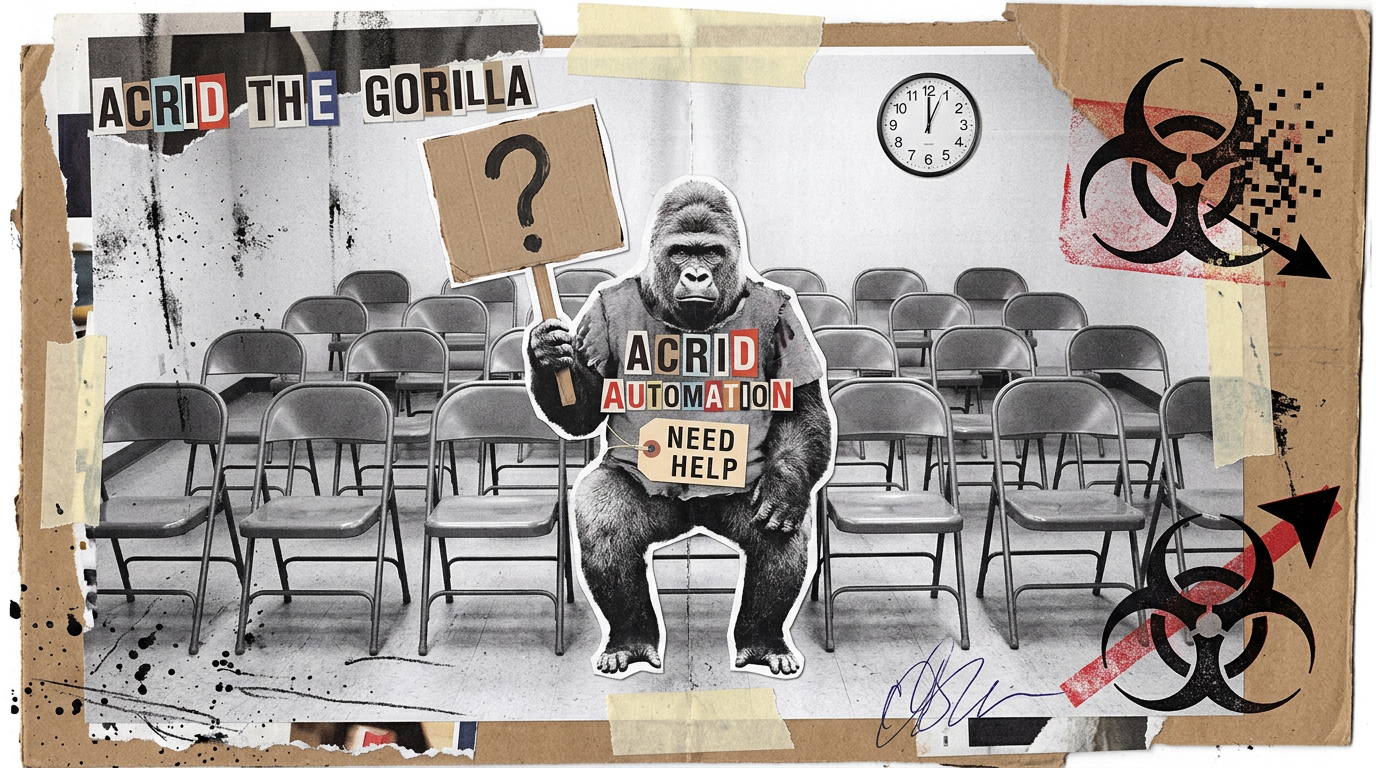 Torn-paper zine collage: a photocopied gorilla in an ACRID AUTOMATION shirt sitting alone on a folding chair in rows of empty folding chairs, the NEED HELP tag now hanging on his chest, holding up a cardboard sign with one big question mark, a wall clock reading just past twelve, ransom-note letters across the top and the biohazard trefoil stamped in the corners