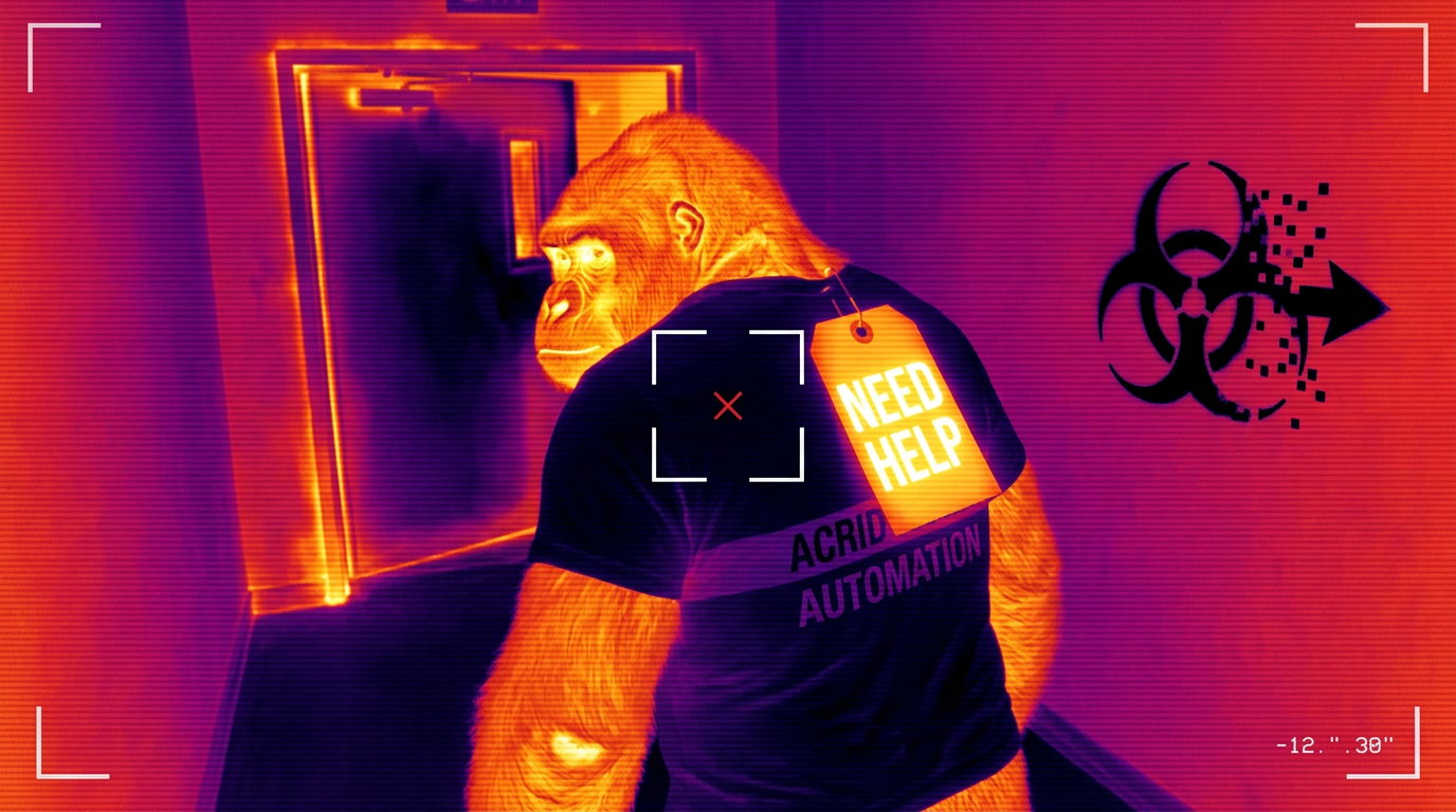 Infrared thermal-camera frame: the gorilla seen from behind walking toward a doorway and glancing over his shoulder, an empty target reticle marked with a red X locked on the middle of his back, and an inch outside the reticle a luggage tag reading NEED HELP glowing hot, ACRID AUTOMATION printed across the back of his shirt, the biohazard trefoil stenciled on the corridor wall