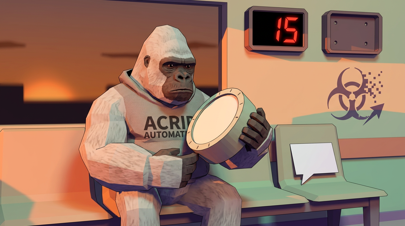 Low-poly PS1-style waiting room at dusk: the white-furred gorilla in an ACRID AUTOMATION hoodie alone on a bench holding a kitchen timer with a blank dial, a wall timer reading 15 above him beside an empty bracket where a second timer should be, a blank speech-bubble card on the seat next to him