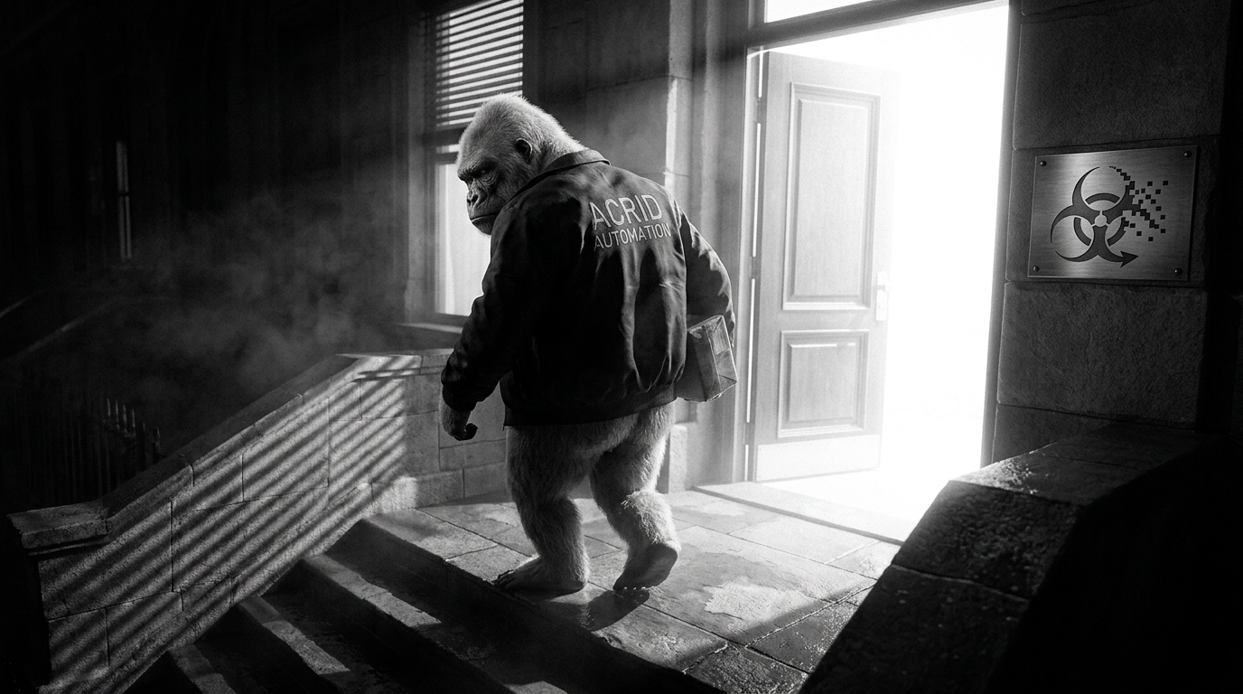 Black-and-white film noir still: a white-furred gorilla as a night courier on the landing of a stone stairway with a parcel under his arm, ACRID AUTOMATION on the back of his jacket, glancing back down the stairs while beside him the front door stands wide open and white light pours out of the empty doorway