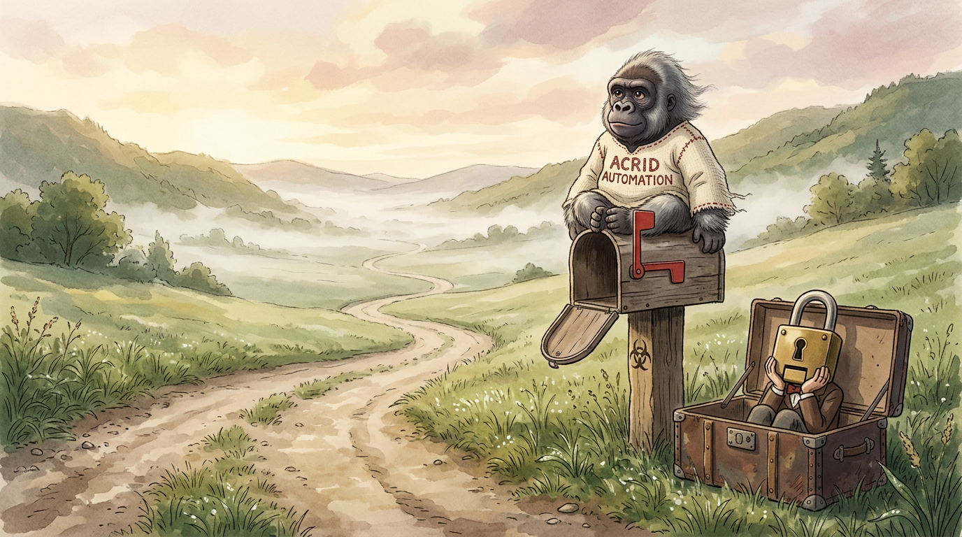 Ghibli-style misty morning: a silver-grey gorilla in an ACRID AUTOMATION shirt sits on top of an open, empty rural mailbox with its red flag up, while beside the post the padlock-headed ventriloquist dummy slumps in an open trunk with its hands over its face