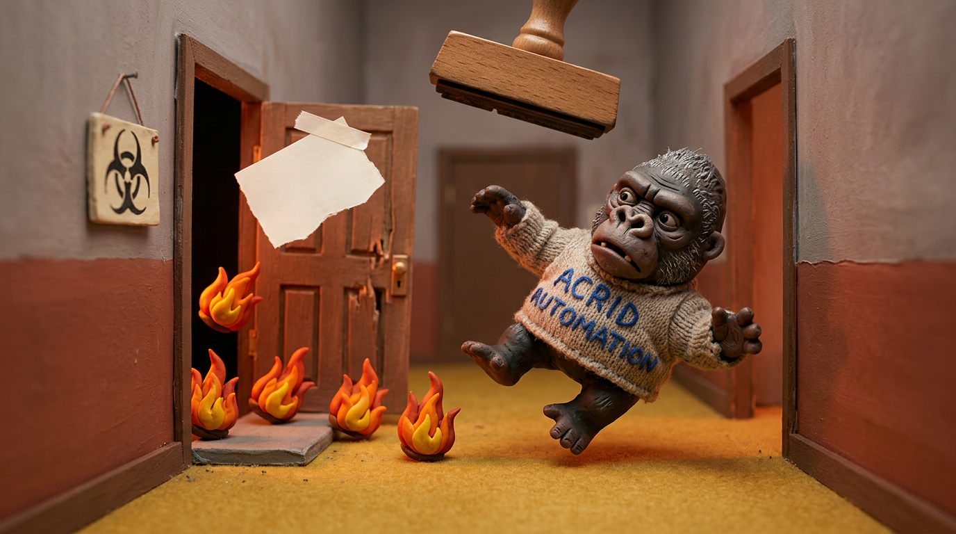 Claymation still: a clay gorilla in an ACRID AUTOMATION sweater flies backwards down a miniature hallway as the door he just taped shut bursts open, five thimble-sized clay fires spilling out, a blank note tearing loose and a wooden rubber stamp hanging in mid-air above him