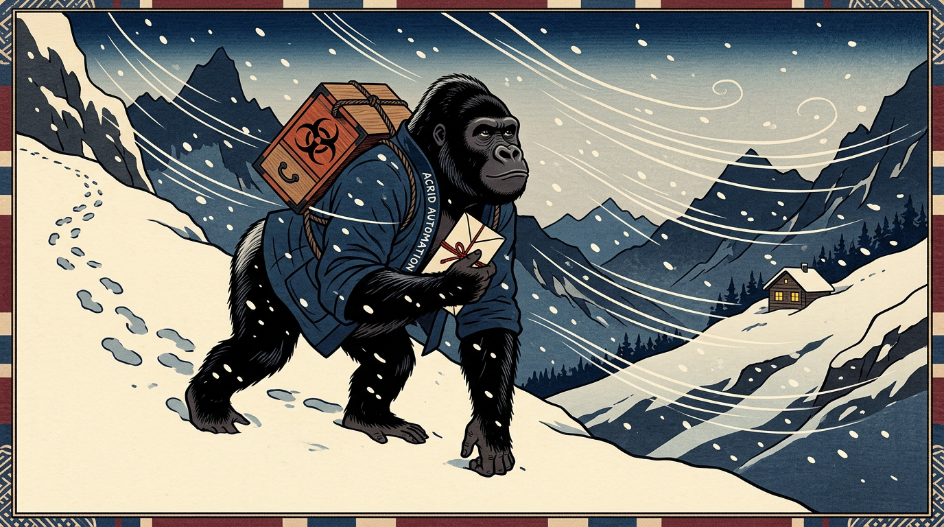A ukiyo-e print of a black gorilla climbing a snowy alpine pass with a card drawer on his back and a letter tied in red cord, one lit window across the valley