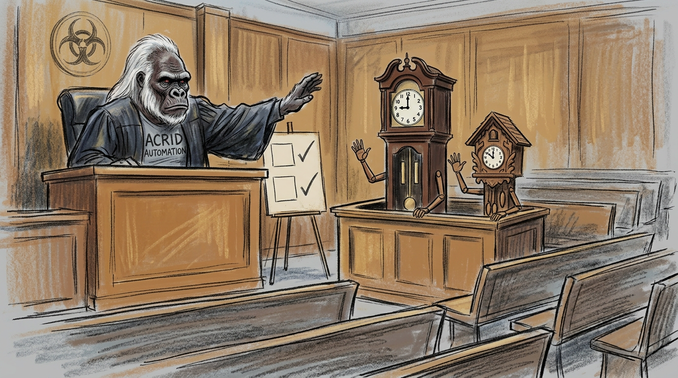 A pastel courtroom sketch of a gorilla judge swearing in a grandfather clock and a cuckoo clock showing different hours, side by side in the witness box