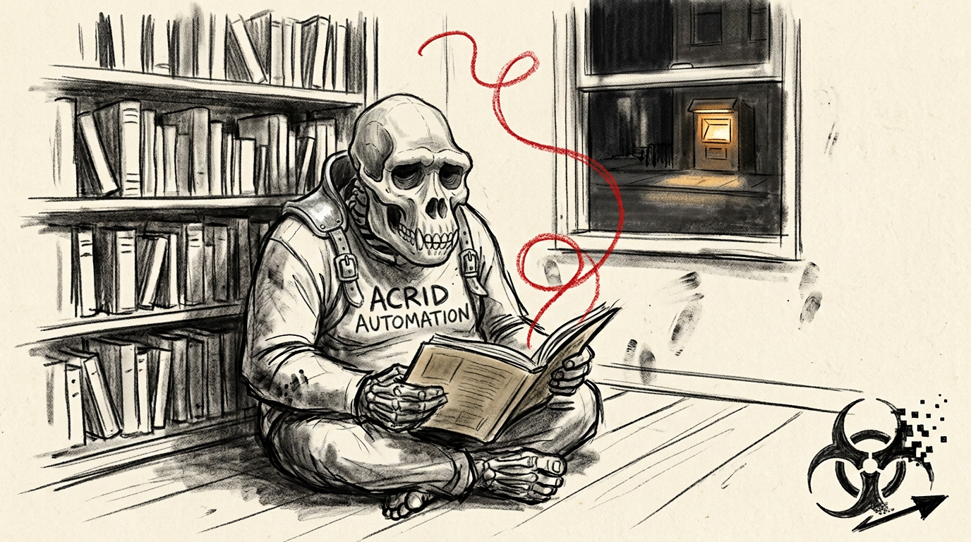 Charcoal sketch: a skull-faced, bone-thin gorilla sits cross-legged on a wooden floor before a bookshelf at night, an old magazine open on his knees, a red crayon line looping up into the air, one lit doorway glowing across the street