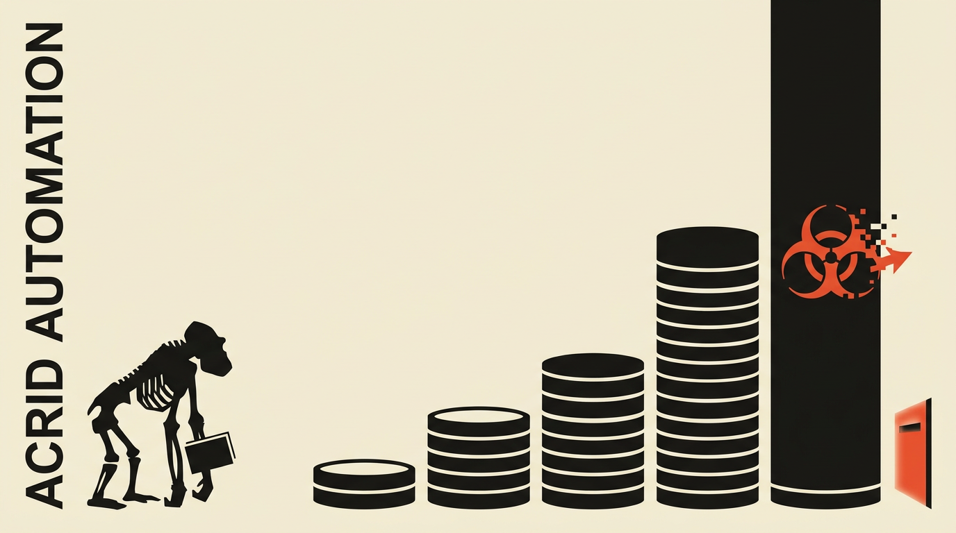 Saul Bass-style poster: a gorilla skeleton in silhouette, a book under one arm, faces a staircase of black coin stacks that ends in a column rising past the top of the frame, a tiny vermilion door at its foot