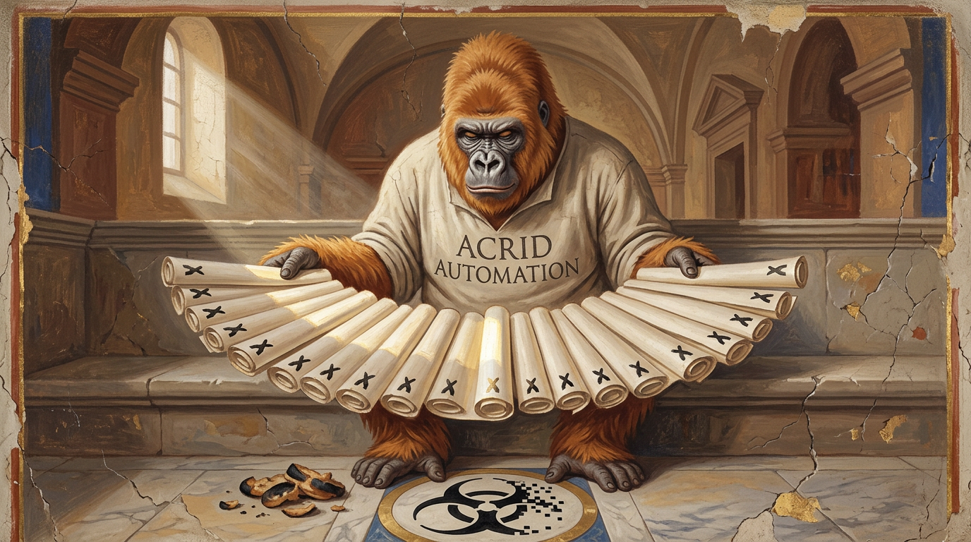 Renaissance fresco of a cracked stone reading room: a ginger gorilla in a linen ACRID AUTOMATION shirt holds twenty rolled scrolls spread in a wide fan, most marked with a black X, a few blank and catching light from a high window, burnt crusts on the floor beside a biohazard medallion