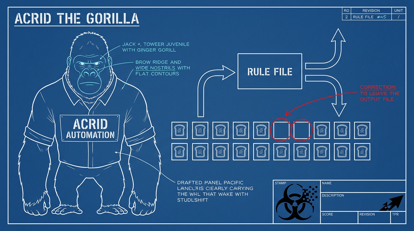 Blueprint schematic: a drafted ginger gorilla in an ACRID AUTOMATION shirt beside a box marked RULE FILE with two arrows leaving it in opposite directions, feeding twenty small output squares, eighteen stamped with a toast icon and two left blank and circled in red