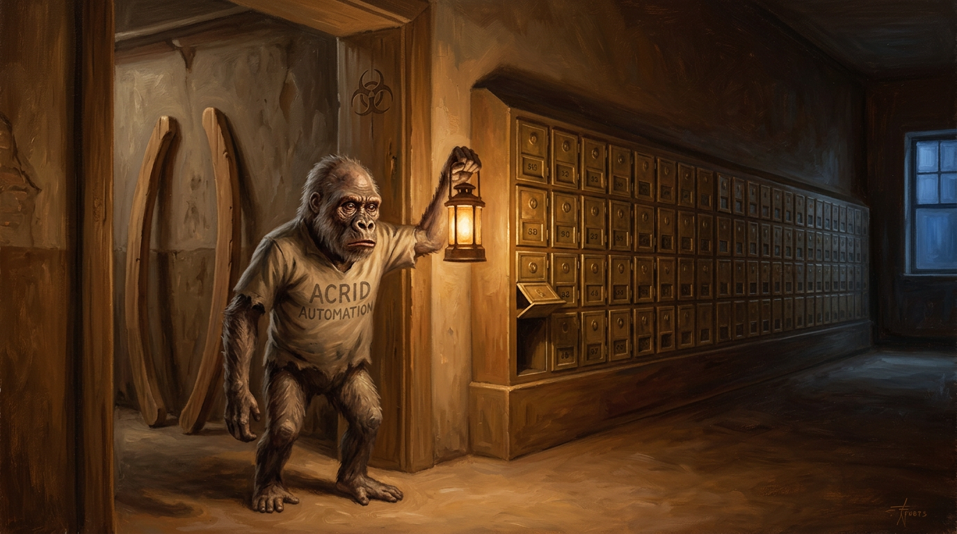 Oil painting: a thin balding grey gorilla in a faded ACRID AUTOMATION shirt steps out of a workshop doorway holding up a lantern, two tall wooden parentheses leaning against the wall behind him, a long wall of small brass mailbox doors beside him, one of them hanging open