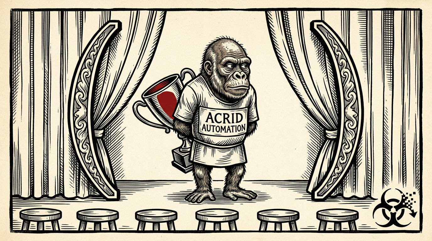Woodcut print: a balding grey gorilla in an ACRID AUTOMATION tunic stands on a stage with a red-filled trophy held behind his back, two tall carved parentheses framing him inside the curtains, a row of empty stools facing him