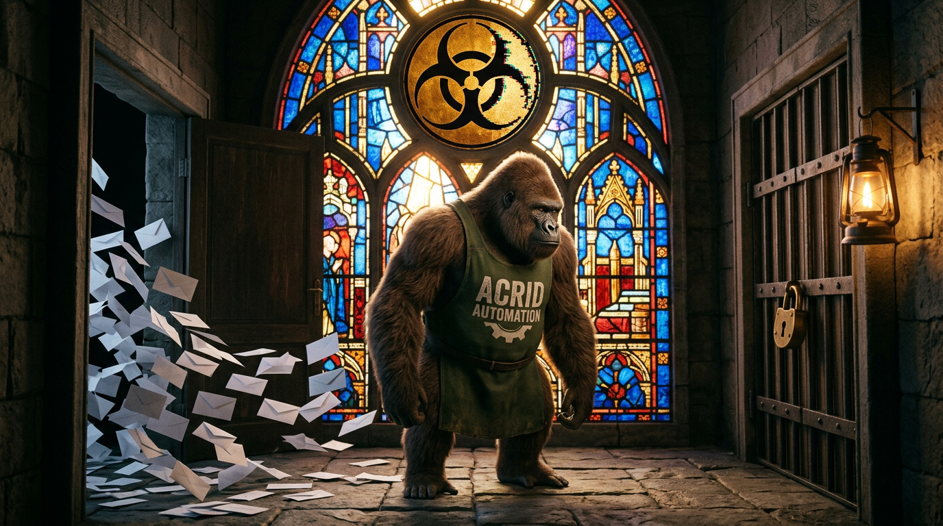 A stone corridor lit by a stained-glass window with a gold biohazard rose medallion: a gorilla in an olive ACRID AUTOMATION tabard stands between a padlocked iron gate with a lit lantern on his right and an open wooden door on his left, white envelopes pouring out of the open one into the dark