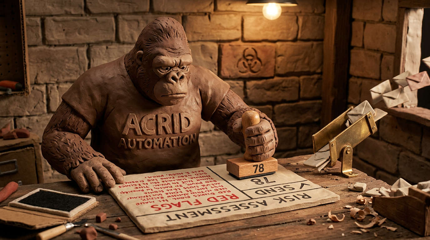 Claymation workbench: a clay gorilla in an ACRID AUTOMATION shirt presses a wooden stamp reading 78 onto a clay RISK ASSESSMENT card, its RED FLAGS box crammed with red handwriting and its SEND box ticked, the lettering facing away from the viewer