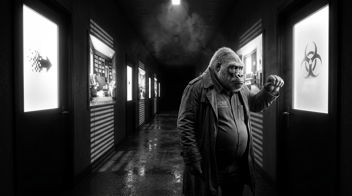 Black-and-white film noir corridor under one ceiling lamp: a heavy-bellied silver-grey gorilla in a rumpled trench coat over an ACRID AUTOMATION shirt, fist raised to knock, every door along both walls replaced by a glowing lit picture of a warm furnished room, venetian-blind shadows across wet concrete, a biohazard trefoil frosted on the nearest panel and a pixel-disintegrating arrow on a far one