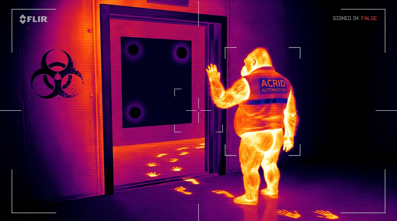 Infrared thermal FLIR frame: a heavy-bellied gorilla blazing white and orange in an ACRID AUTOMATION vest, one open hand raised toward a steel doorframe that holds a perfectly flat dead-cold black panel instead of a room, his own glowing handprints and footprints tracked across the floor toward it, a cold biohazard trefoil on the wall and a corner readout reading SIGNED IN: FALSE