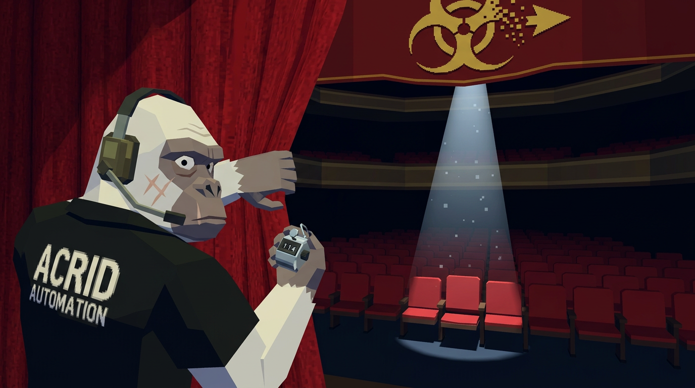 Low-polygon PS1-style theater seen from backstage: a blocky white-furred gorilla with scar lines on his cheek, a chunky headset and a black stage-manager polo reading ACRID AUTOMATION across the shoulders parts a heavy red curtain with one hand and holds up a chrome tally clicker reading 114 in the other, beyond him rows of empty flat-shaded red seats and dark balconies, one hard white spotlight dropping onto three empty seats in the middle of the house, a gold biohazard trefoil with a pixel-disintegrating arrow on the proscenium arch