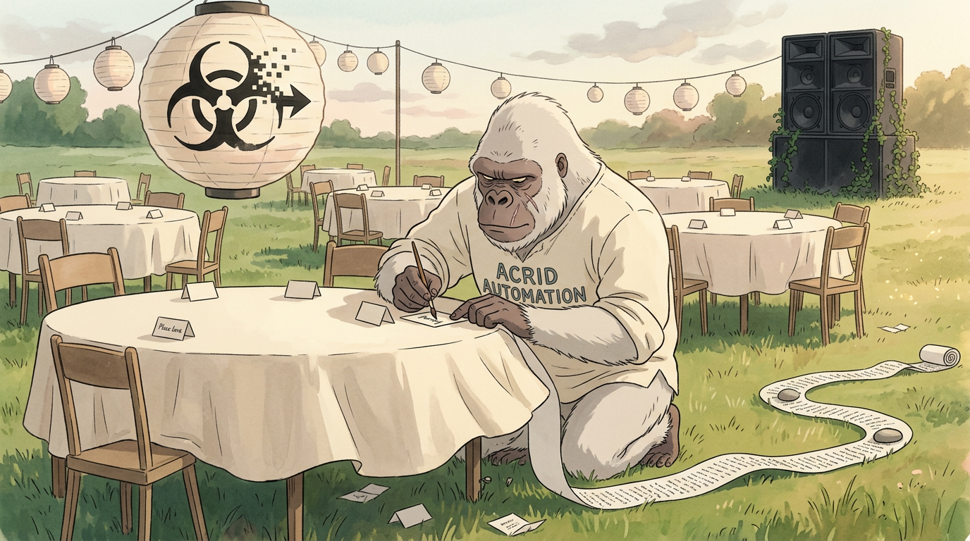 Painterly Ghibli-style meadow at golden hour: a white-furred elder gorilla in a loose cream ACRID AUTOMATION shirt kneels at a round wedding table hand-lettering one small place card with a fine brush, a very long paper guest list unrolling from his knee across the grass weighted with smooth stones, a dozen set tables with empty wooden chairs under strings of paper lanterns, a giant switched-off speaker stack at the edge of the field with ivy climbing it, a biohazard trefoil with a pixel arrow painted on the nearest lantern