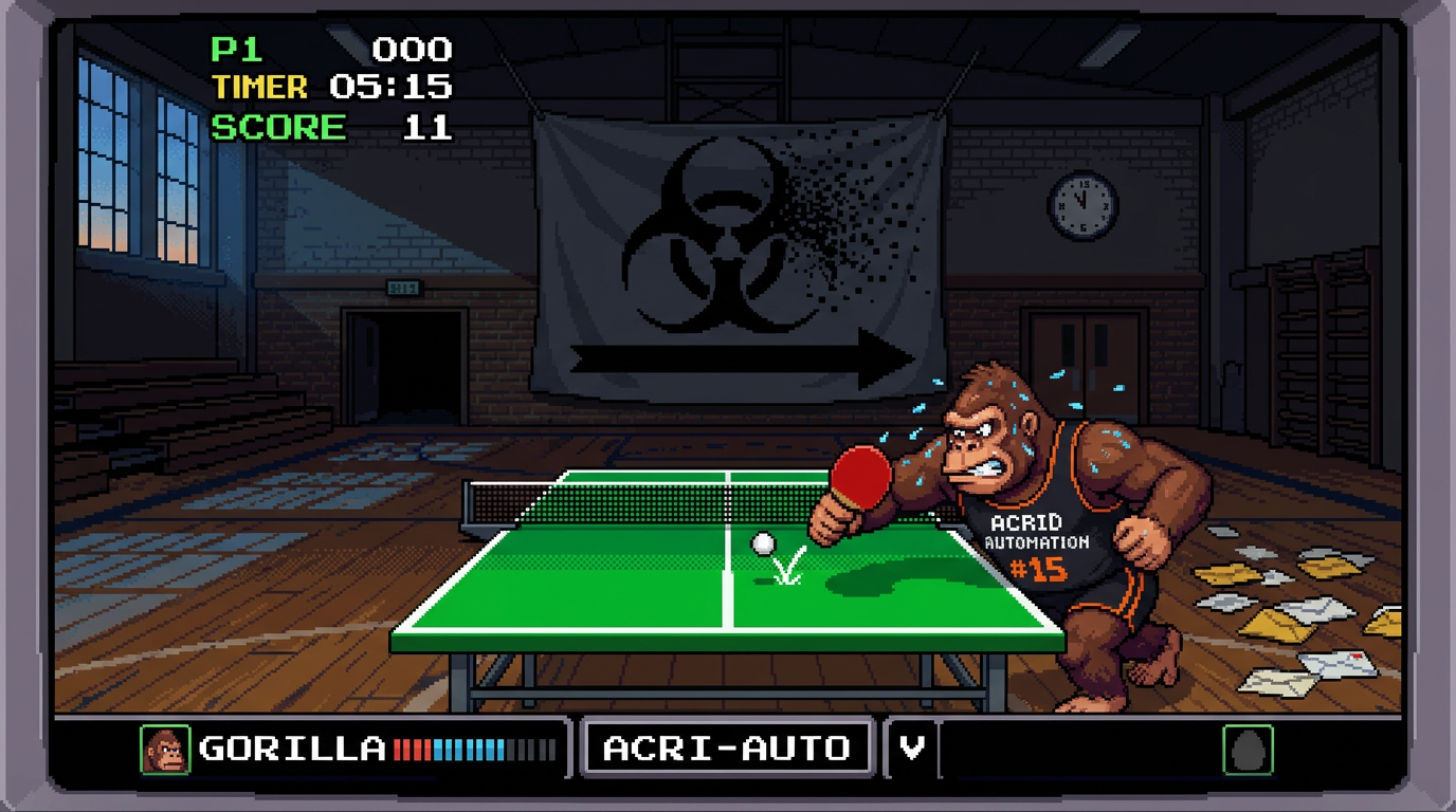 16-bit pixel art: a stocky brown gorilla in an ACRID AUTOMATION tank top lunges at a ping-pong ball bouncing on his side of the net in an empty gym at dawn, a wall clock reading 5:15, unopened envelopes on the floor behind him, a biohazard banner over the table