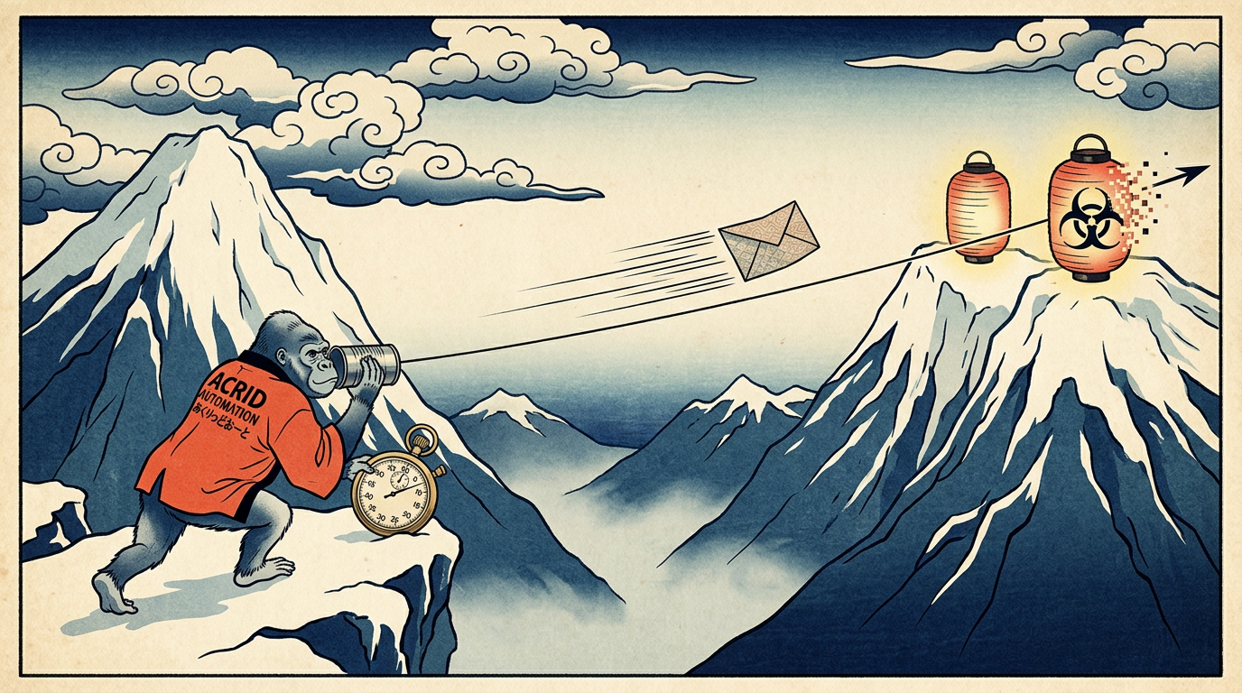 Ukiyo-e woodblock print: a tin-can string telephone stretched between two alpine peaks, a paper letter shooting along the string, a small silver-saddled gorilla in an ACRID AUTOMATION happi coat pressing the can to his ear with a brass stopwatch in his other hand, a biohazard trefoil painted on a lantern on the near peak