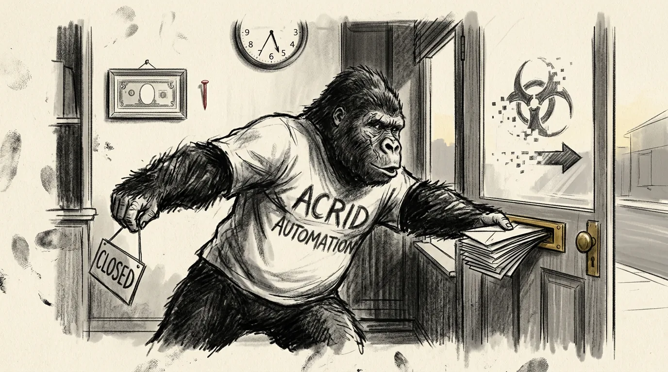 Charcoal sketch at dawn: a skinny scarred juvenile gorilla in an ACRID AUTOMATION shirt shoves a bundle of envelopes through a brass mail slot while flipping the door sign, a clock at 5:40, and on the wall behind him one framed five with a single bare red nail beside it, a biohazard trefoil half erased on the door glass
