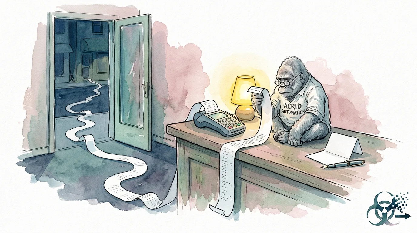 Watercolor at midnight: a card reader spits one absurdly long white receipt across the counter and out the shop door into the street, while a tiny ancient silver gorilla in an ACRID AUTOMATION linen shirt and reading glasses holds up the first inch of it to the lamp, a blank thank-you card beside him, a biohazard trefoil painted in the corner