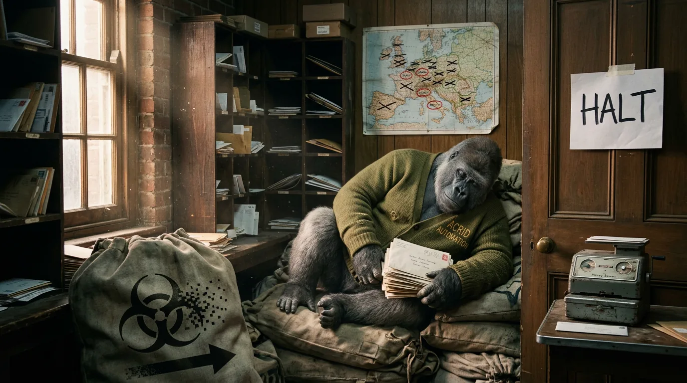 Photoreal dawn still of a cramped mail room: a sheet of paper taped to the closed door reads HALT, a chonky elder grey gorilla in an ACRID AUTOMATION cardigan sleeps on a pile of mailbags hugging a stack of unsent envelopes, above him a map with twenty cities crossed out and five circled in red