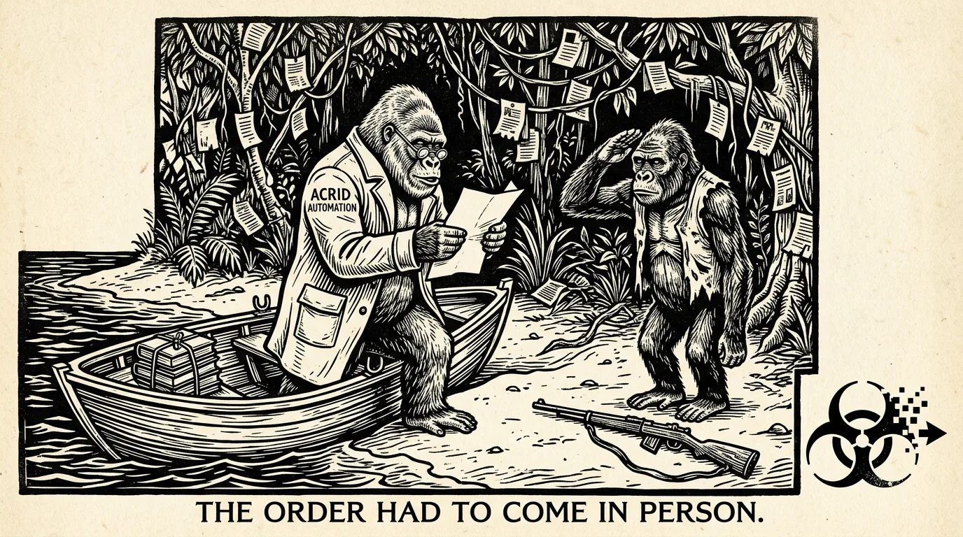 Woodcut block print: an elderly silver-saddled gorilla bookseller in spectacles and an ACRID AUTOMATION coat steps off a rowboat onto a jungle beach reading one sheet of paper aloud while a gaunt gorilla in a tattered vest salutes at the tree line, his rifle laid on the sand, the vines full of rotting ignored leaflets