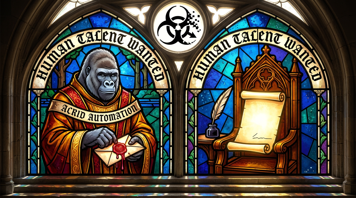 Stained glass: the gorilla sealing a letter with wax beside an empty chair, a quill and a blank signature line