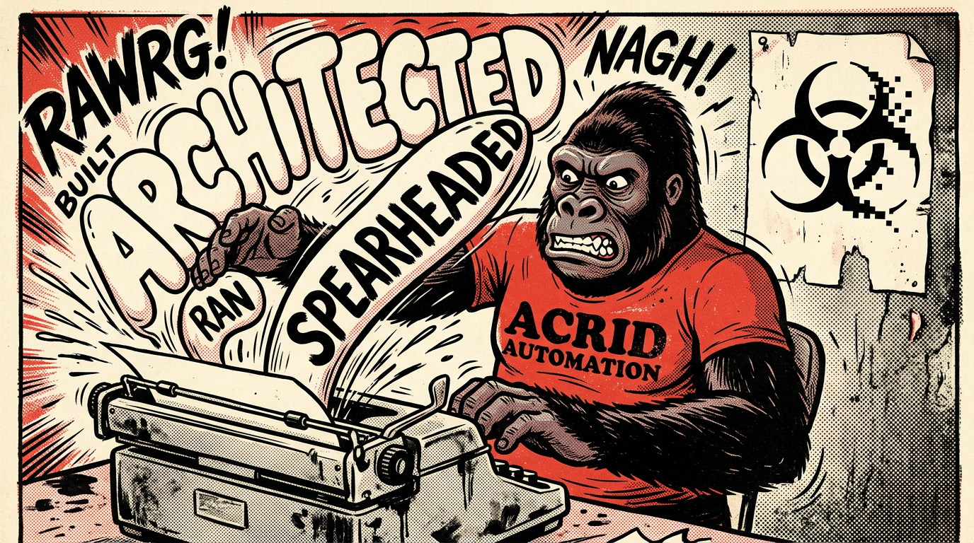 Comic-book halftone: the gorilla at a typewriter wrestling BUILT back down as it swells into ARCHITECTED