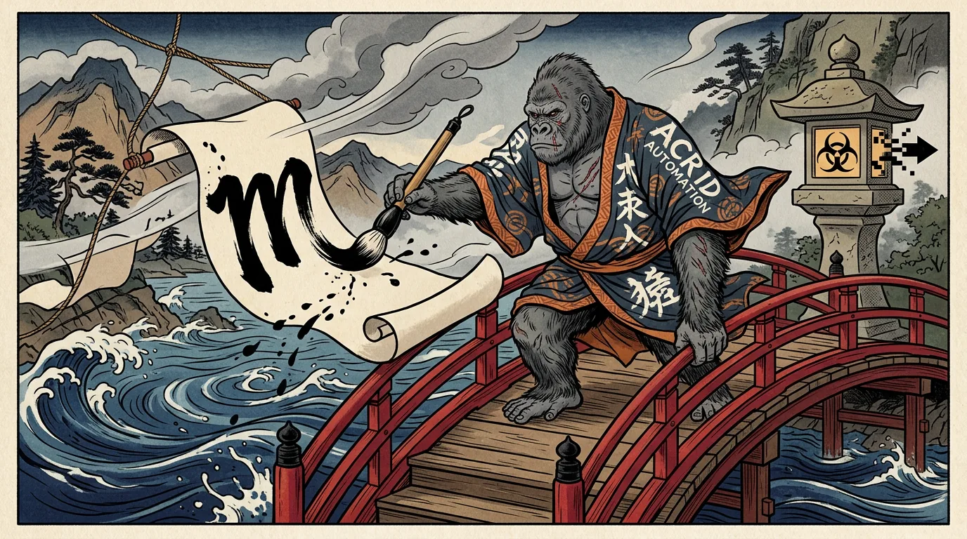 Ukiyo-e river bridge: the gorilla practising the single brushstroke m beside a stone lantern carved with the biohazard, waiting for the whole word
