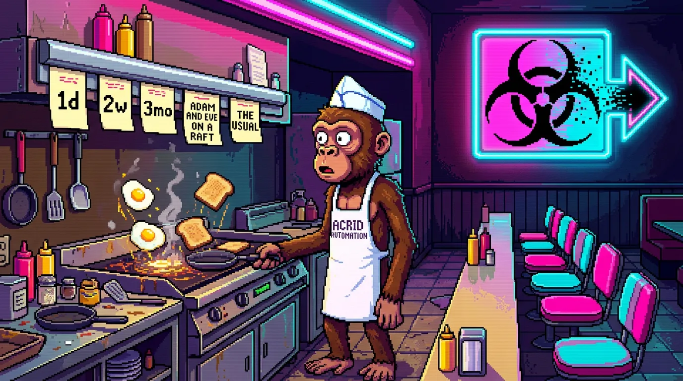 Pixel-art diner: the gorilla as short-order cook reading a rail of shorthand tickets while eggs fly off the griddle