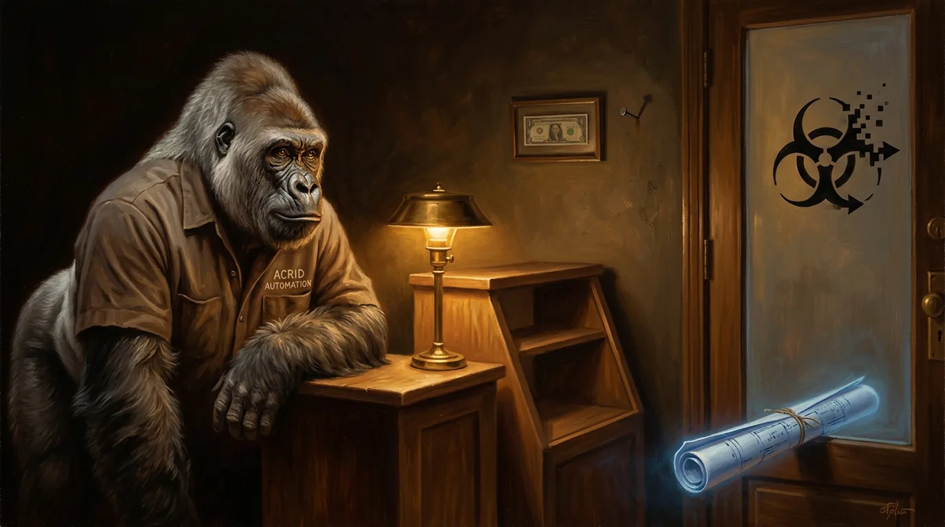 An old silver-backed gorilla at a small lamplit counter at night, a bare nail on the wall, a rolled set of house plans sliding under the door
